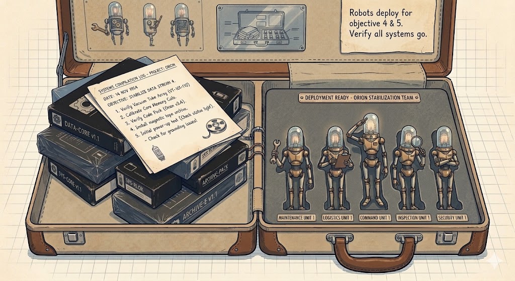 A briefcase opened flat, revealing a team of small robots in foam cutouts alongside manuals and data cores, deployment ready