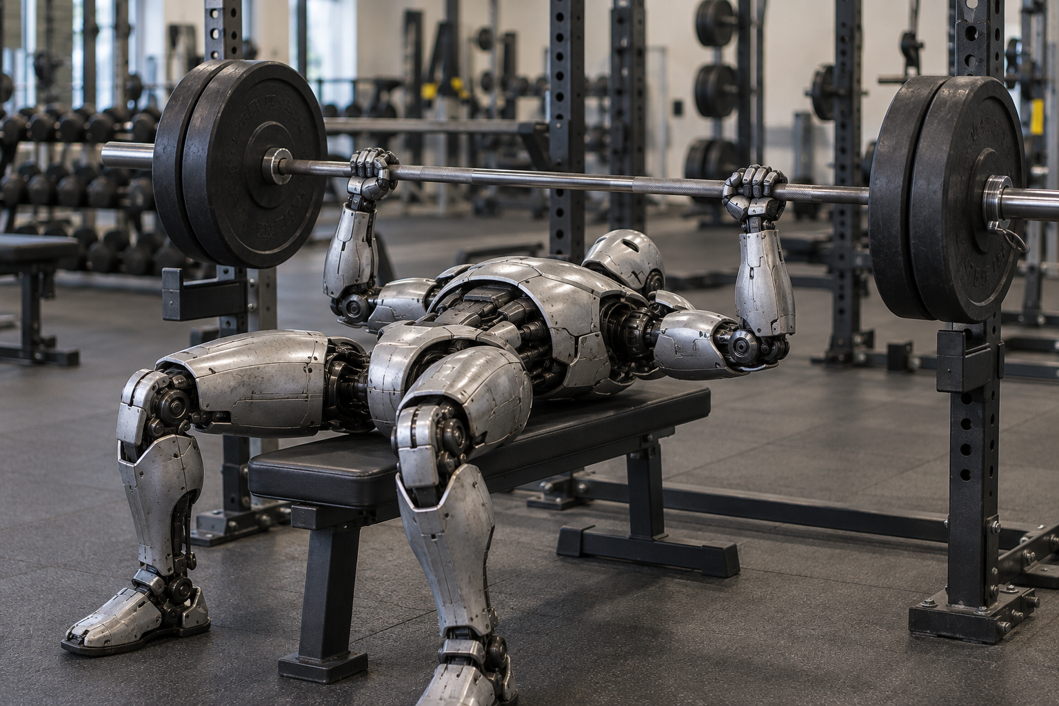 A humanoid robot attempting a bench press with two large plates on each side of the barbell.