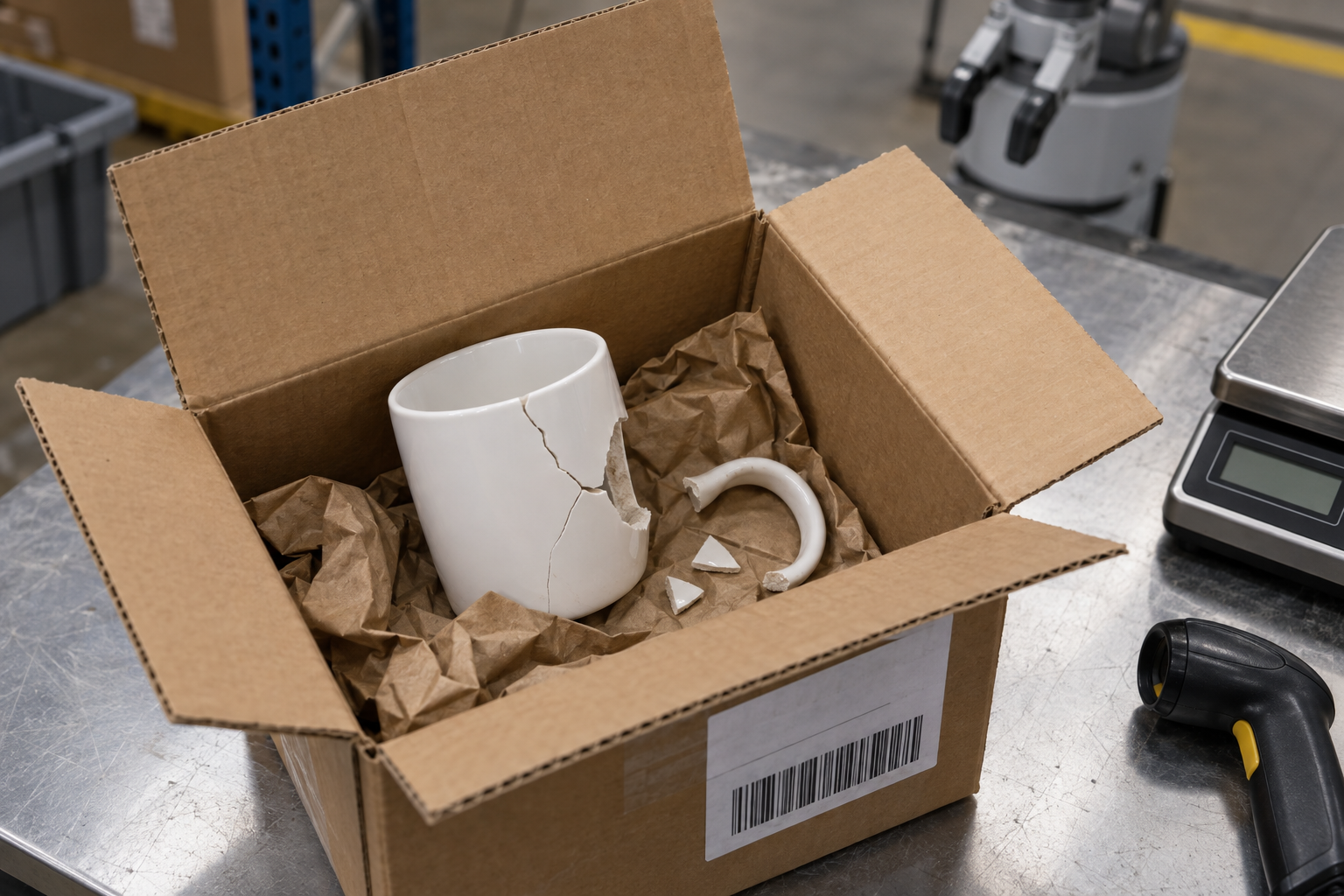 A broken ceramic mug inside an intact shipping box, beside a scale and barcode scanner.