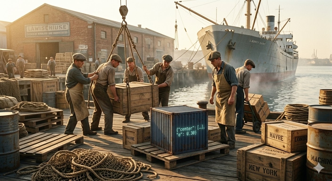 1950s dock workers surrounding a blue corrugated container with a glowing JSON spec