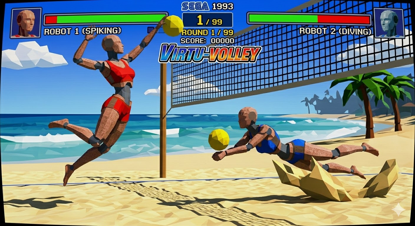 Virtu-Volley: two low-poly robots in beach volleyball attire, one spiking and one diving, Virtua Fighter arcade aesthetic