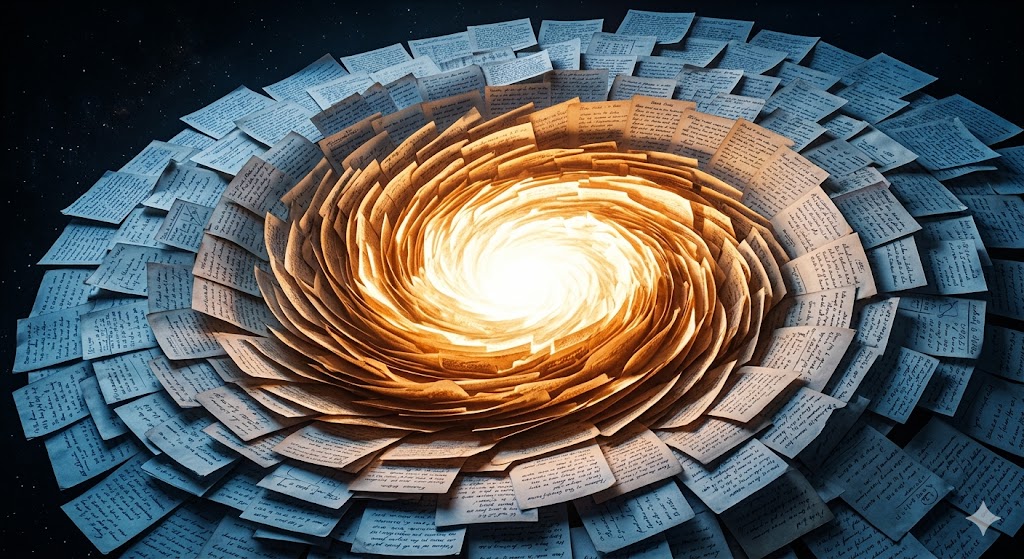 A spiral of handwritten pages curling inward toward a bright core, like an accretion disk of prose against deep space