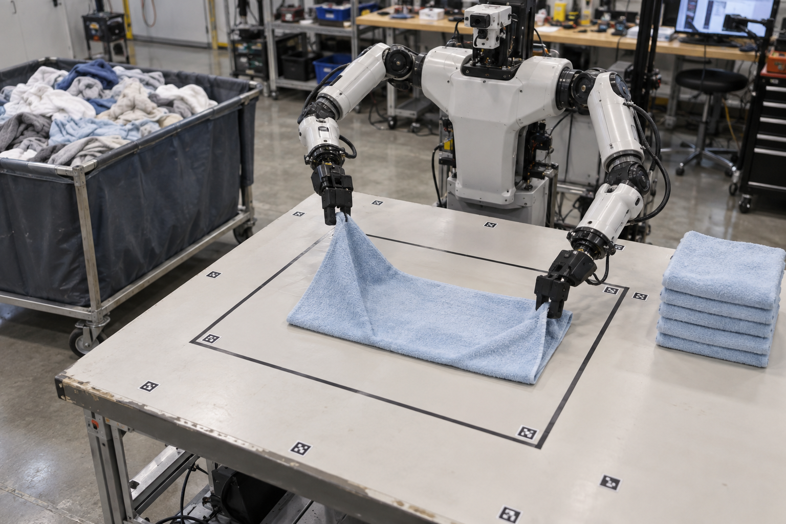A robot folding a towel inside a marked evaluation area, with a cart of unsorted laundry outside it.