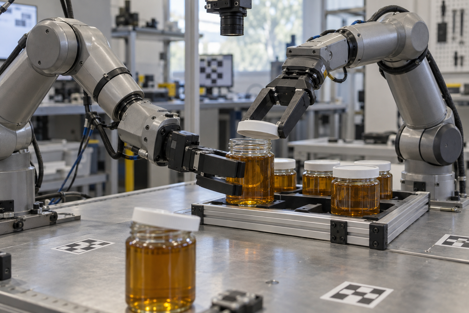 Lab scene with two robotic grippers closing a jar and a visibly crooked lid on a foreground jar.