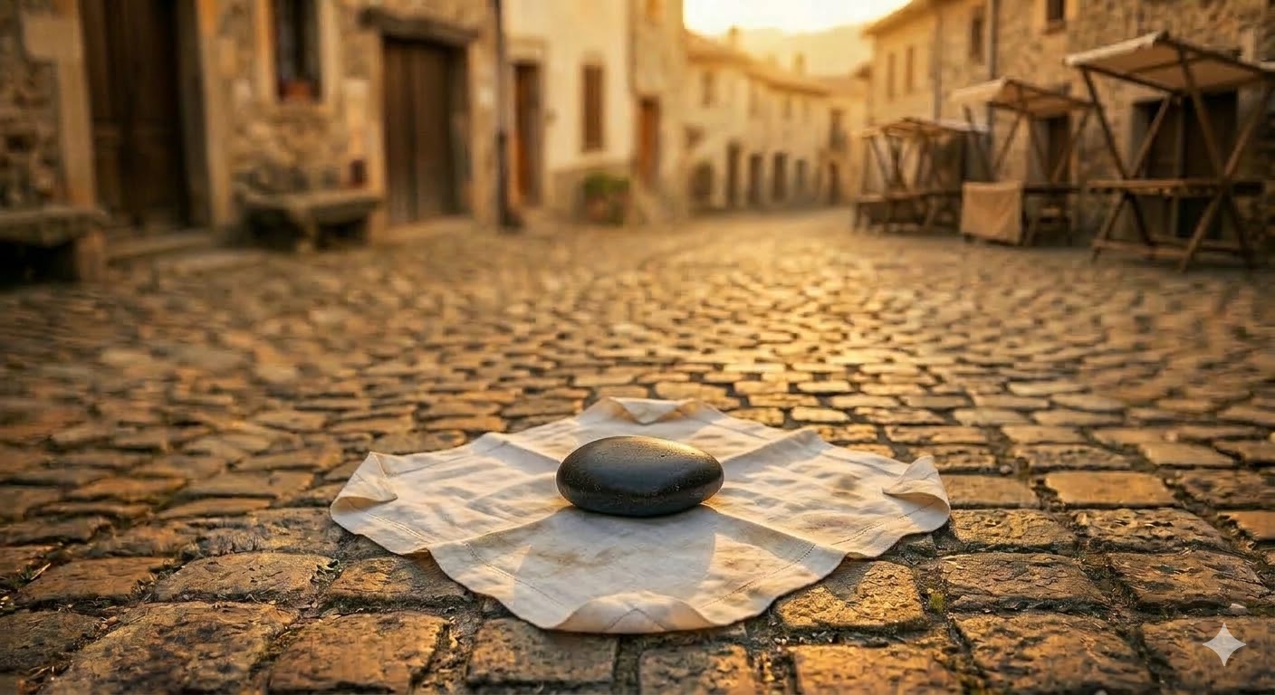 A dark stone on an unfolded handkerchief in a cobblestone village square
